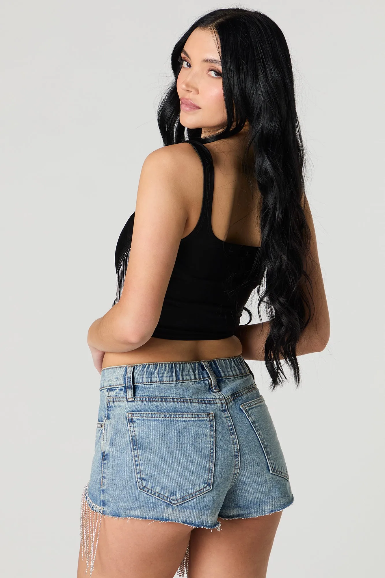 Rhinestone Fringe Curved Hem Denim Short sold by Urban Planet product image thumbnail 2