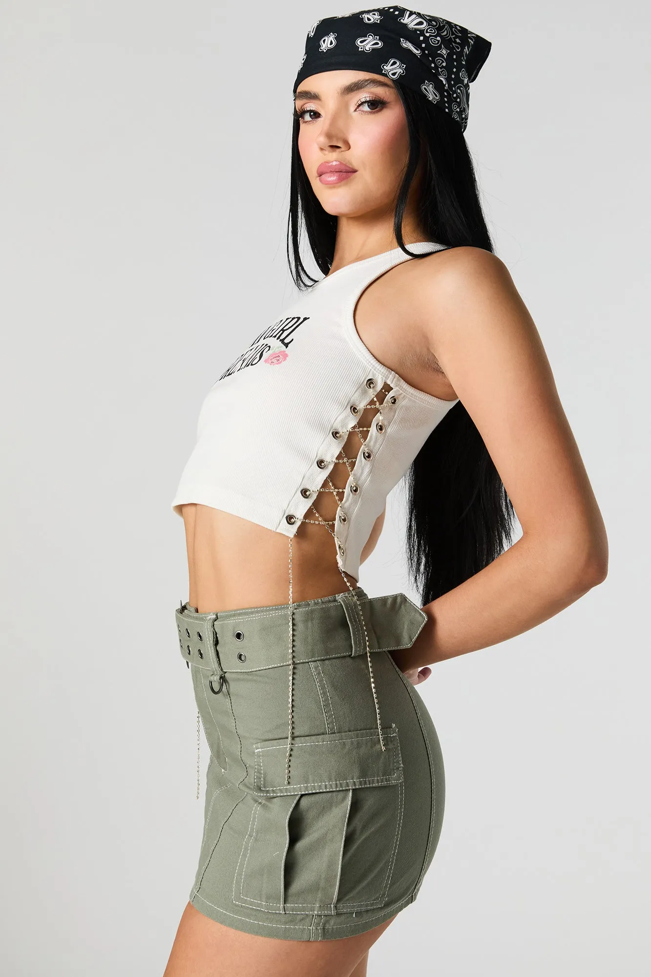 Ribbed Rhinestone Lace Up Graphic Tank sold by Urban Planet