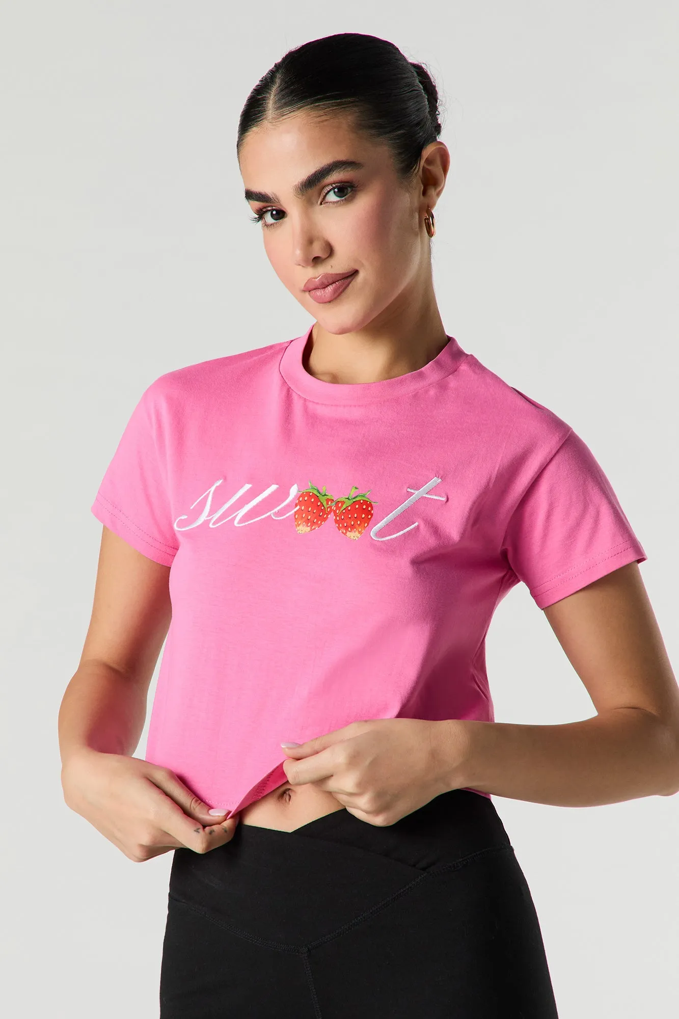 Sweet Strawberries Embroidered Cropped T-Shirt sold by Urban Planet