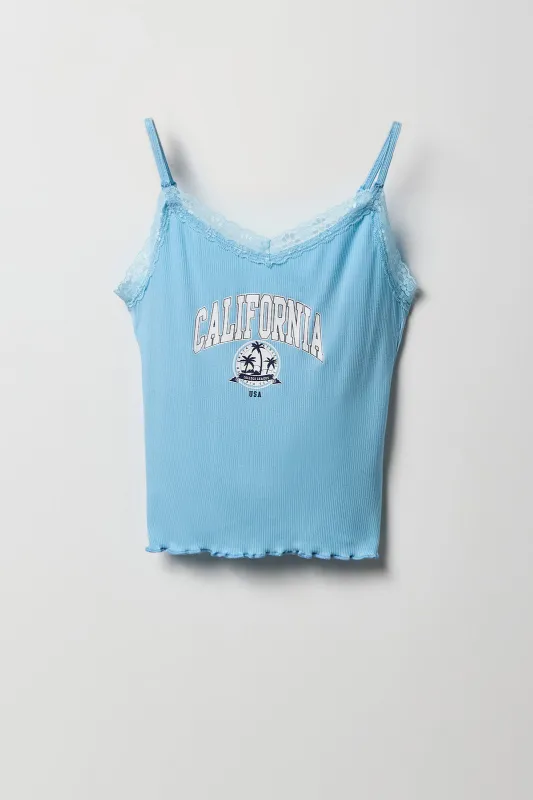 Girls Destination Graphic Ribbed Lace Trim Cami sold by Urban Planet