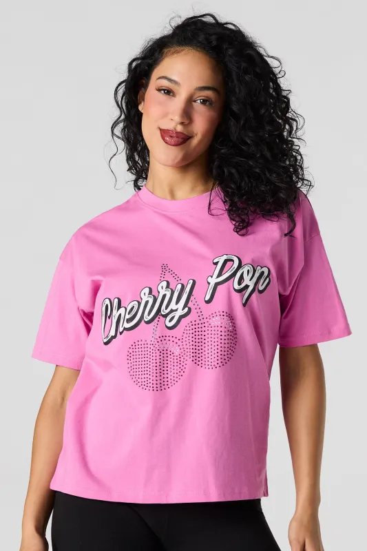 Cherry Pop Graphic Rhinestone Relaxed T-Shirt sold by Urban Planet