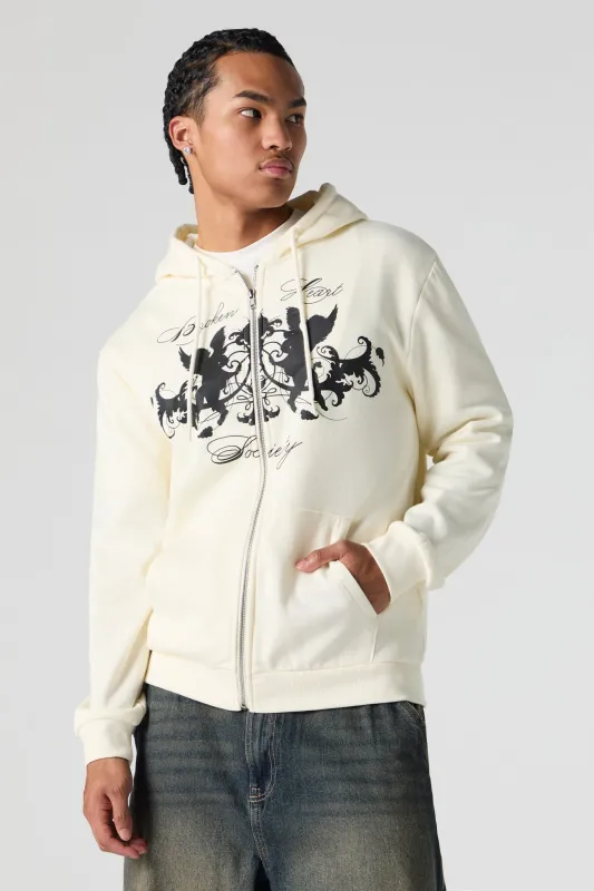 Broken Heart Society Graphic Fleece Zip-Up Hoodie sold by Urban Planet