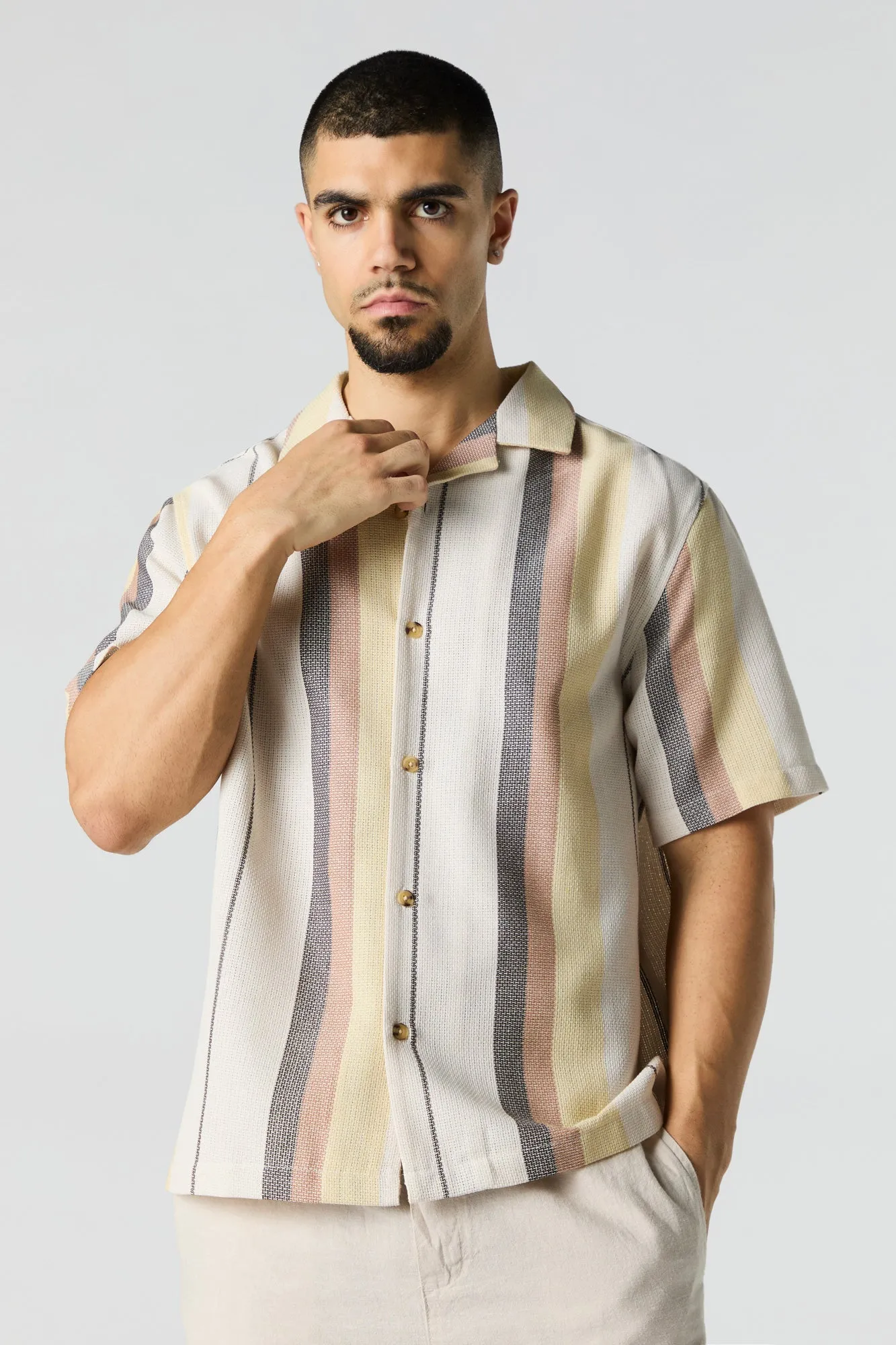 Textured Striped Button-Up Top sold by Urban Planet