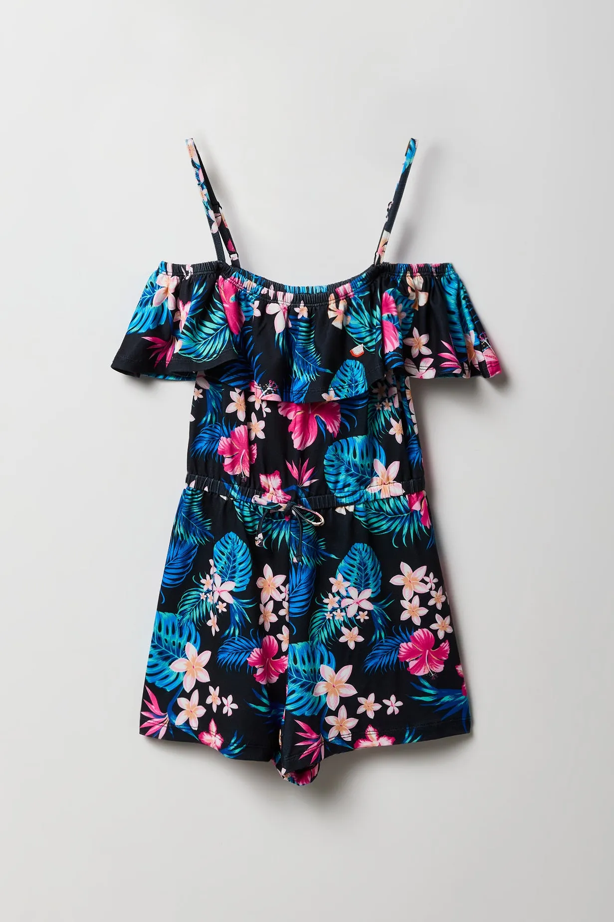 Girls Tropical Off Shoulder Ruffle Romper sold by Urban Planet