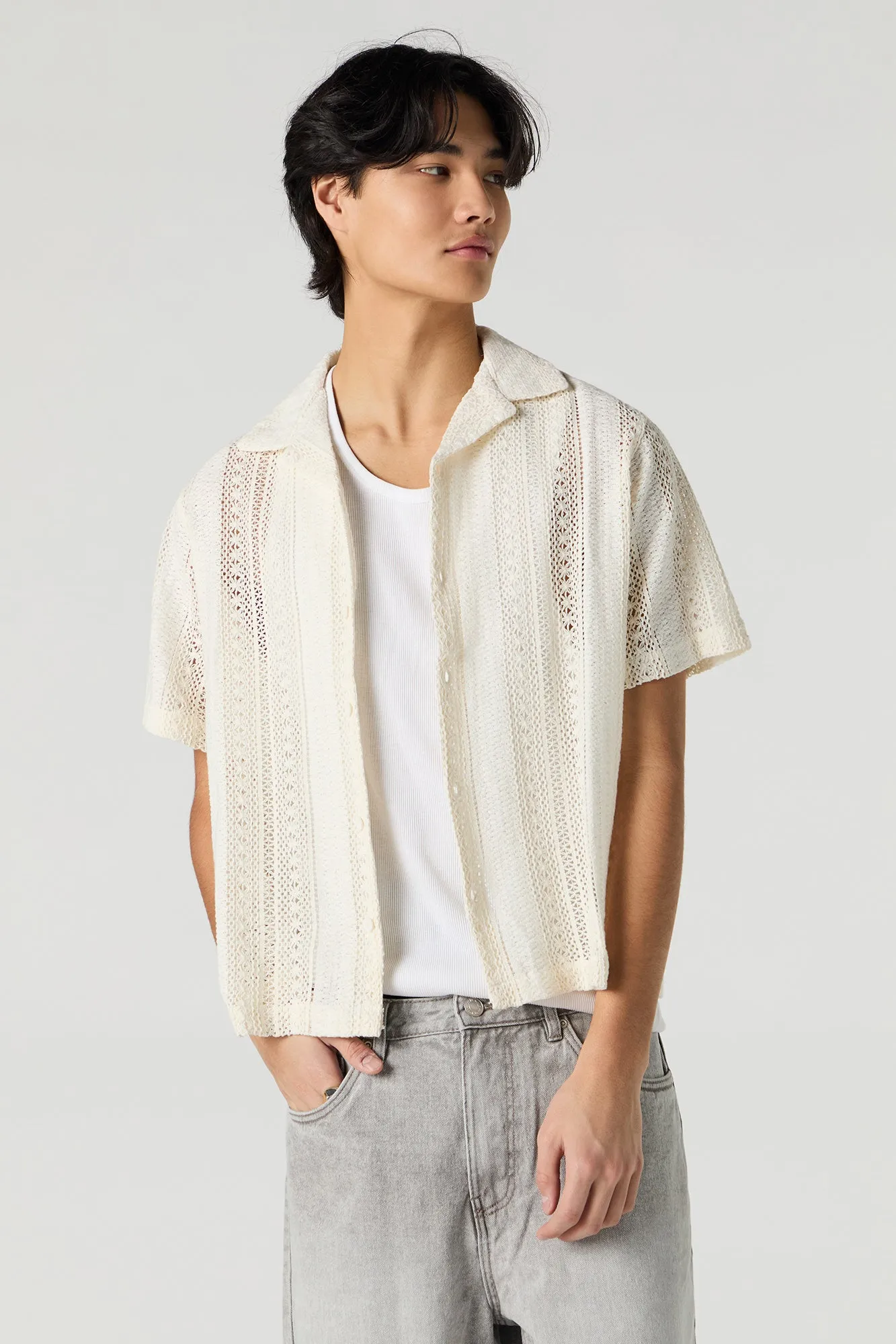 Textured Open Knit Button-Up Top sold by Urban Planet