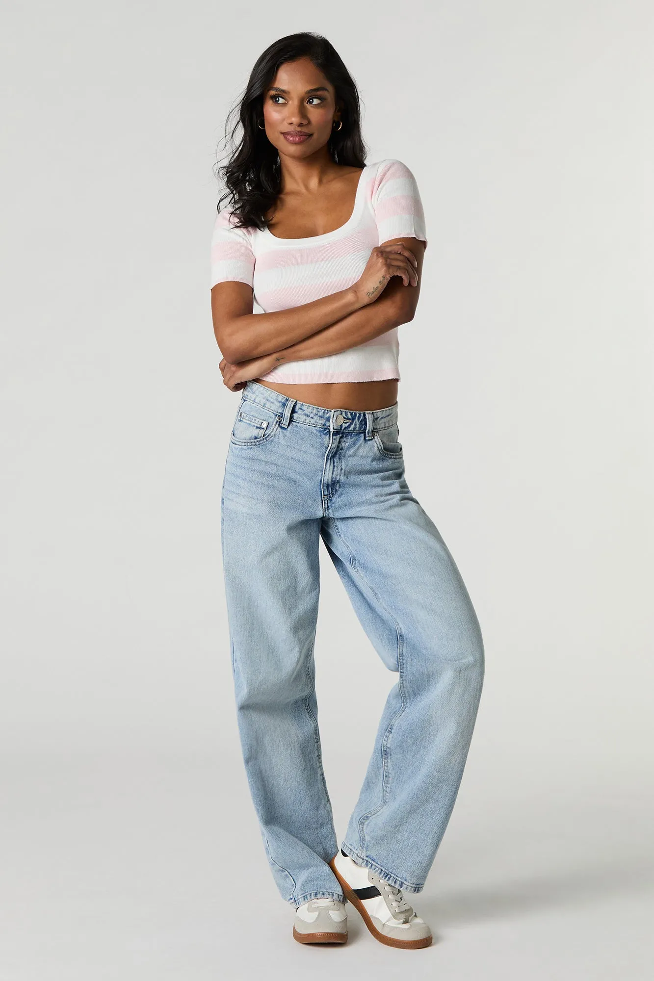 T-shirt en tricot côtelé rayé avec encolure carrée sold by Urban Planet product image thumbnail 3