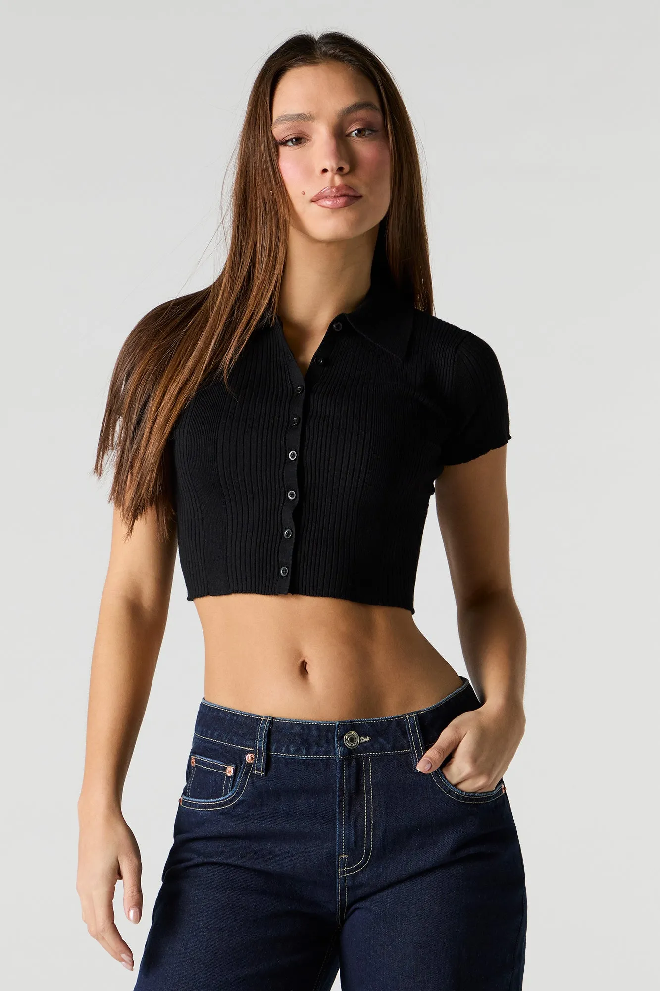 Ribbed Knit Button Front Polo Top sold by Urban Planet product image thumbnail 4