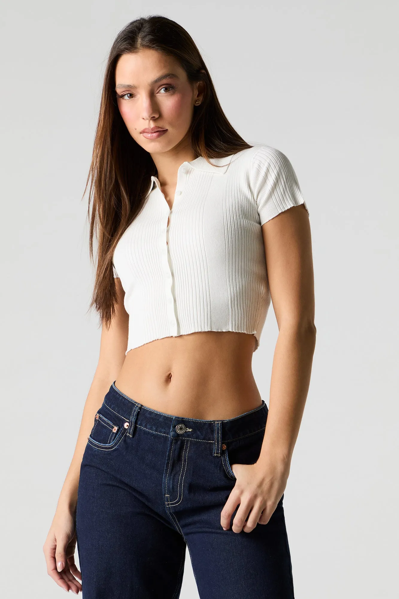 Ribbed Knit Button Front Polo Top sold by Urban Planet