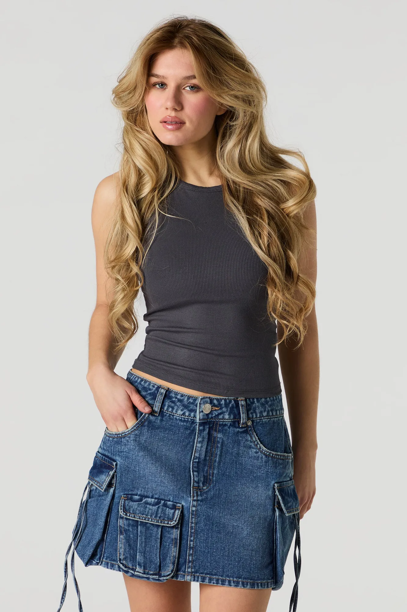 Denim Multi Pocket Mini Cargo Skirt sold by Urban Planet