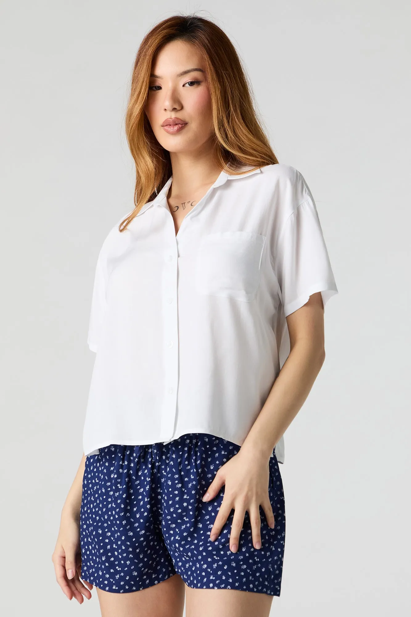 Oversized Collared Button-Up Short Sleeve Top sold by Urban Planet