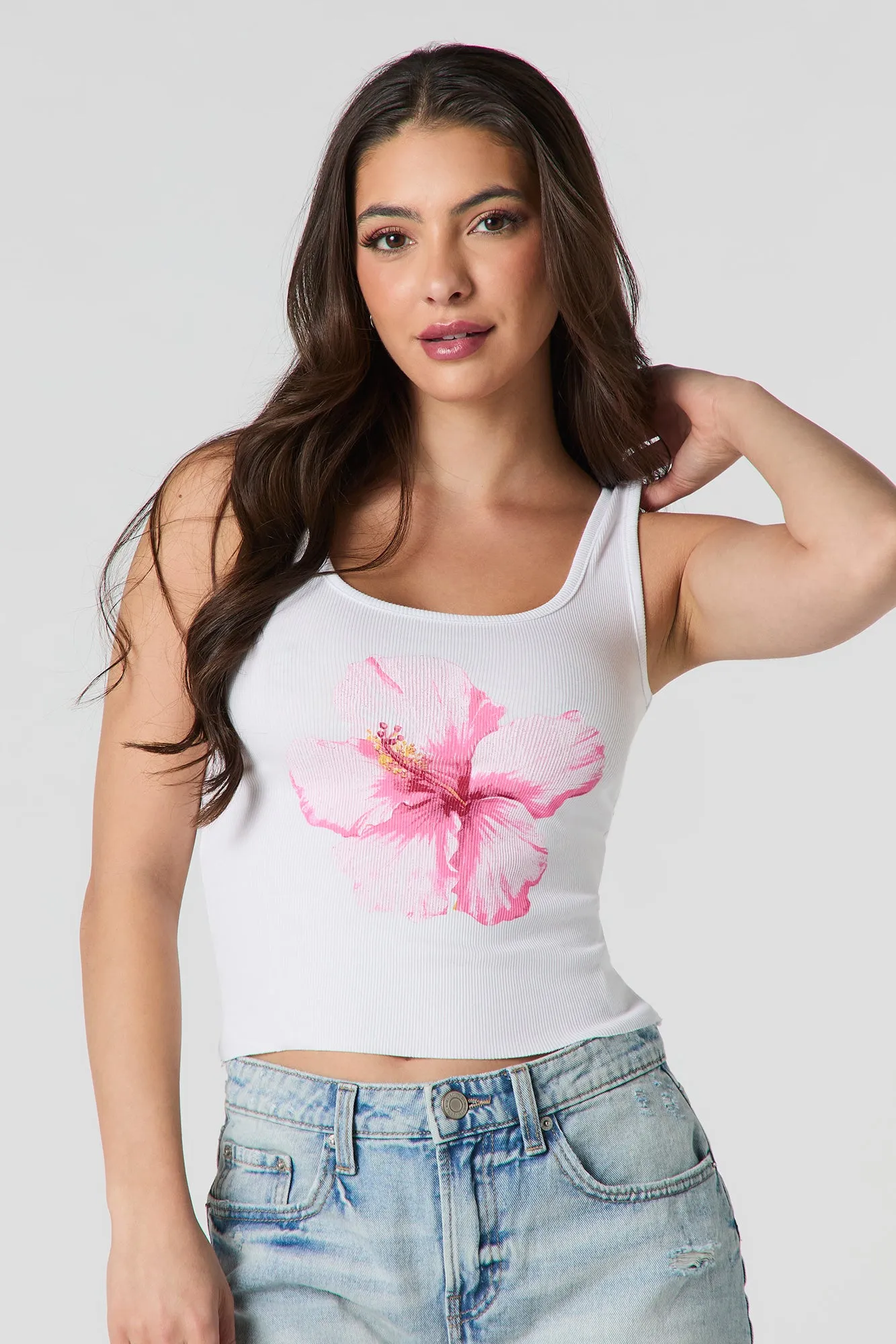 Débardeur côtelé rose à imprimé Hibiscus sold by Urban Planet