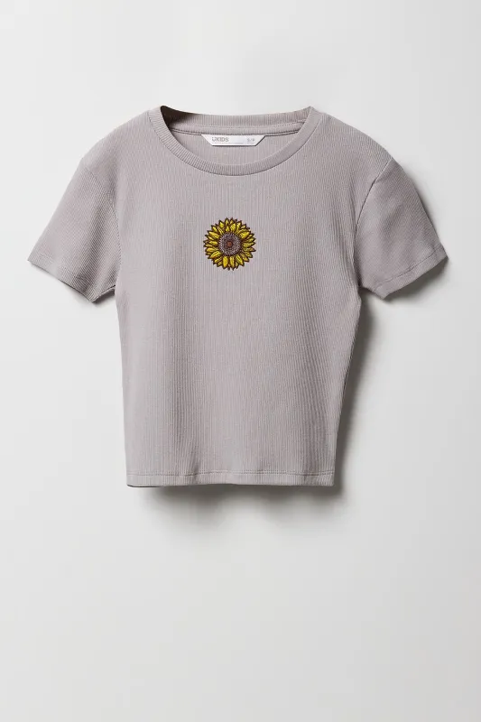 T-shirt ultracourt côtelé avec motif brodé pour fille sold by Urban Planet