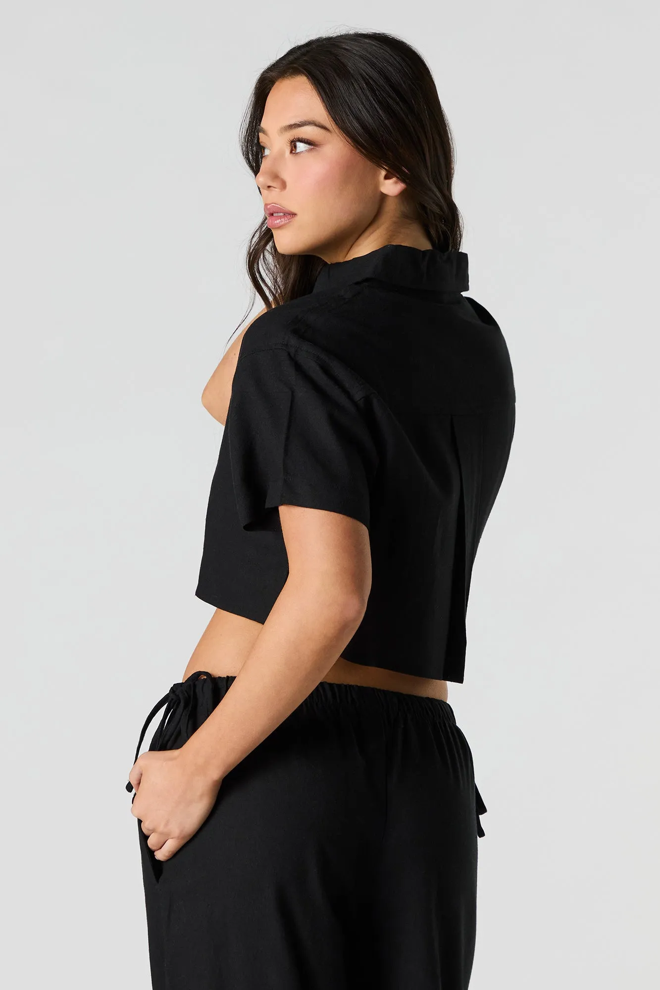 Linen Cropped Button-Up Short Sleeve Top sold by Urban Planet product image thumbnail 5