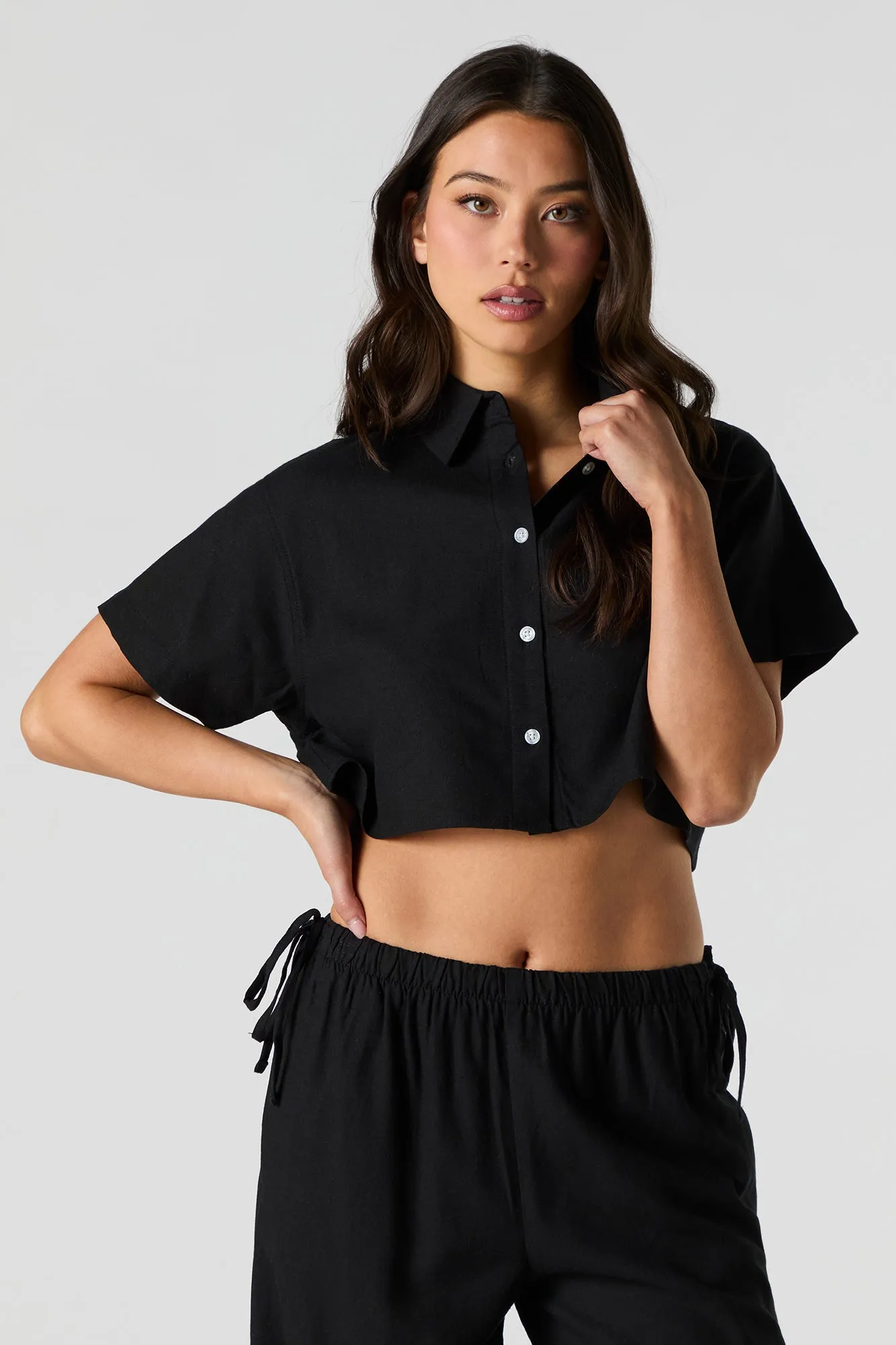 Linen Cropped Button-Up Short Sleeve Top sold by Urban Planet product image thumbnail 4
