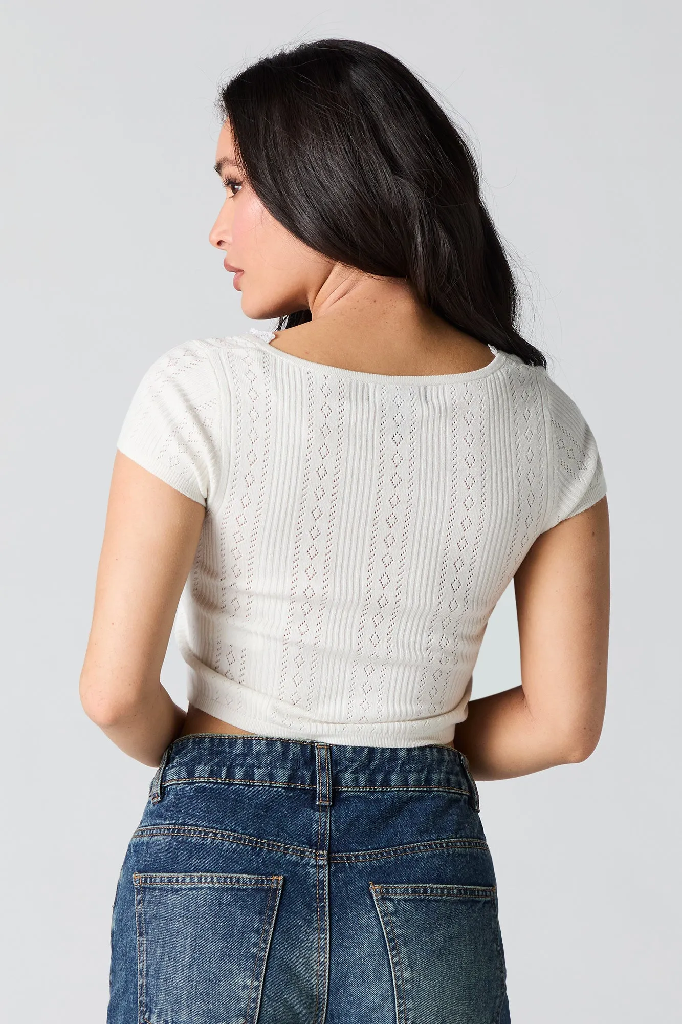 T-shirt écourté en tricot pointelle à bordure en dentelle sold by Urban Planet product image thumbnail 5