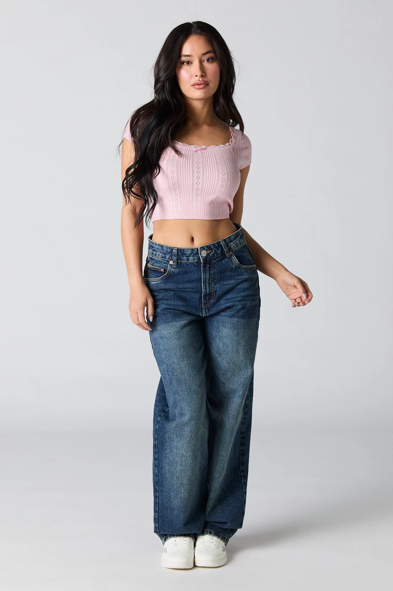 T-shirt écourté en tricot pointelle à bordure en dentelle sold by Urban Planet product image thumbnail 3