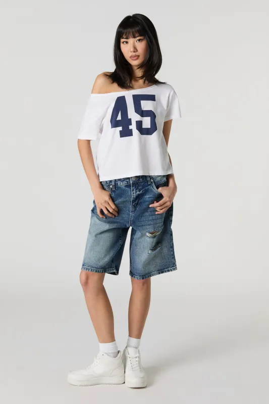 Dark Wash Distressed Denim Jort sold by Urban Planet