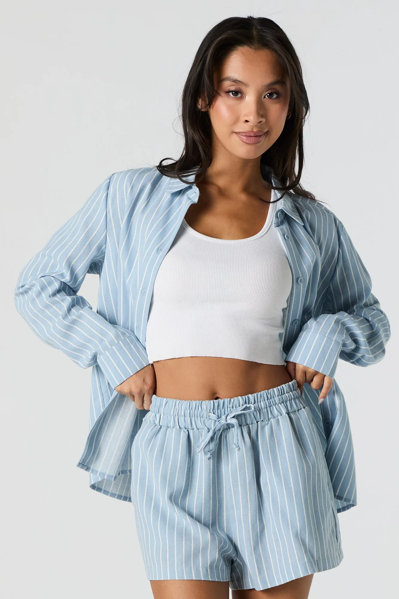 Linen Button-Up Long Sleeve Top sold by Urban Planet