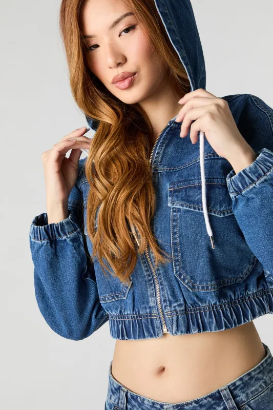 Denim Cropped Zip-Up Hoodie sold by Urban Planet