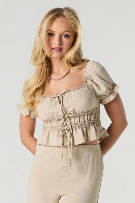 Tie Front Lace Trim Crop Top sold by Urban Planet