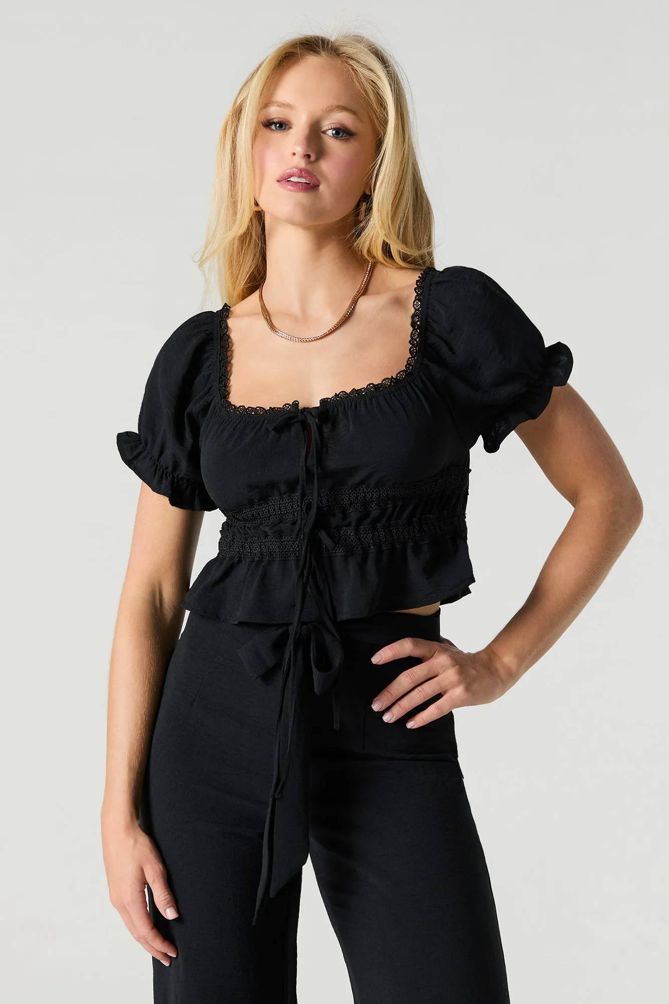 Tie Front Lace Trim Crop Top sold by Urban Planet product image thumbnail 4