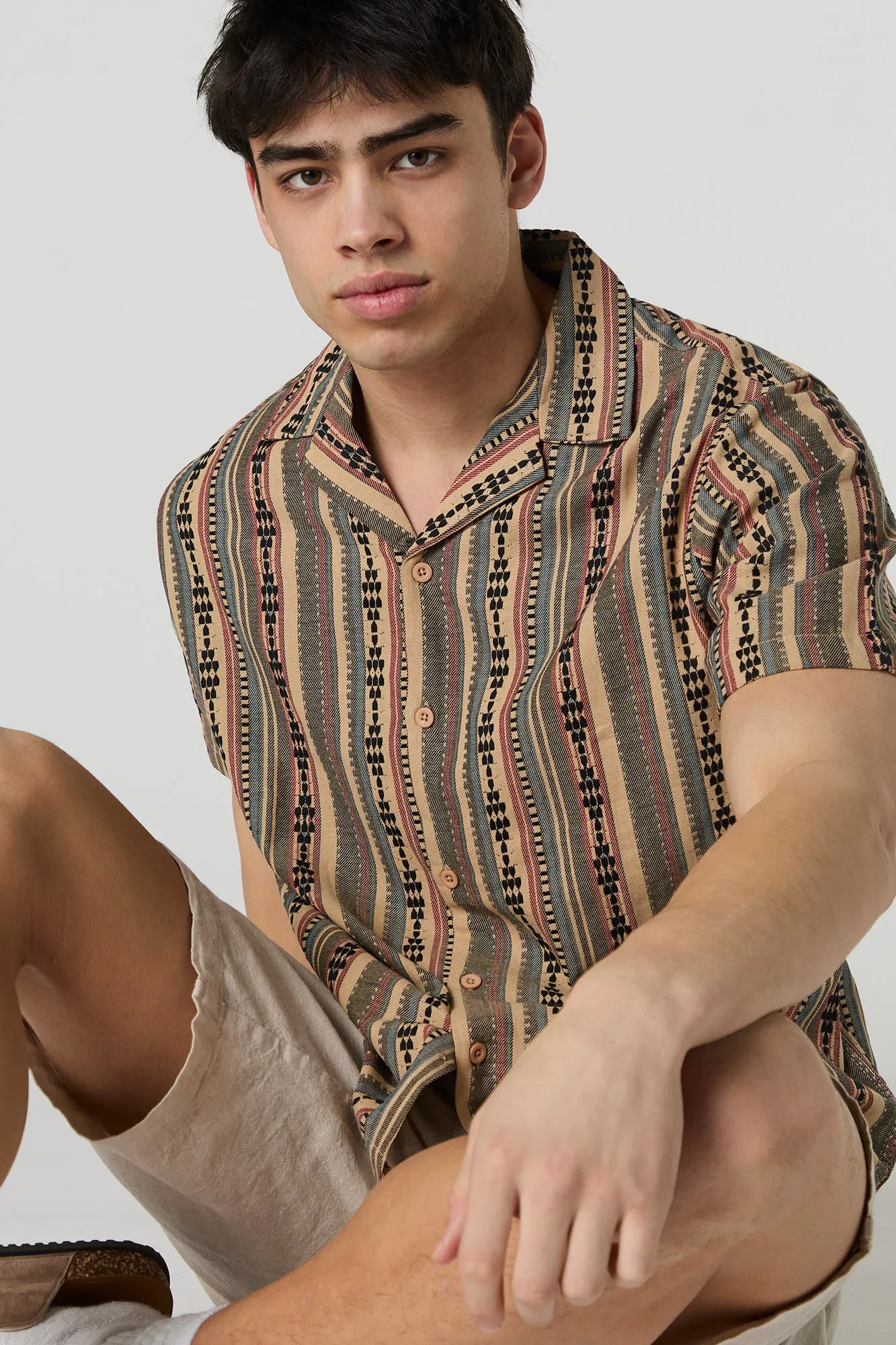 Striped Button-Up Short Sleeve Top sold by Urban Planet