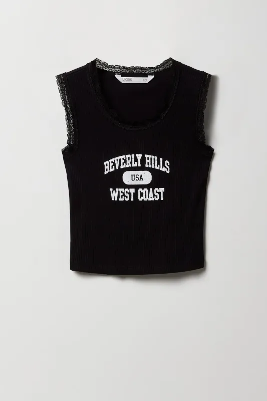 Girls City Graphic Ribbed Lace Trim Tank sold by Urban Planet