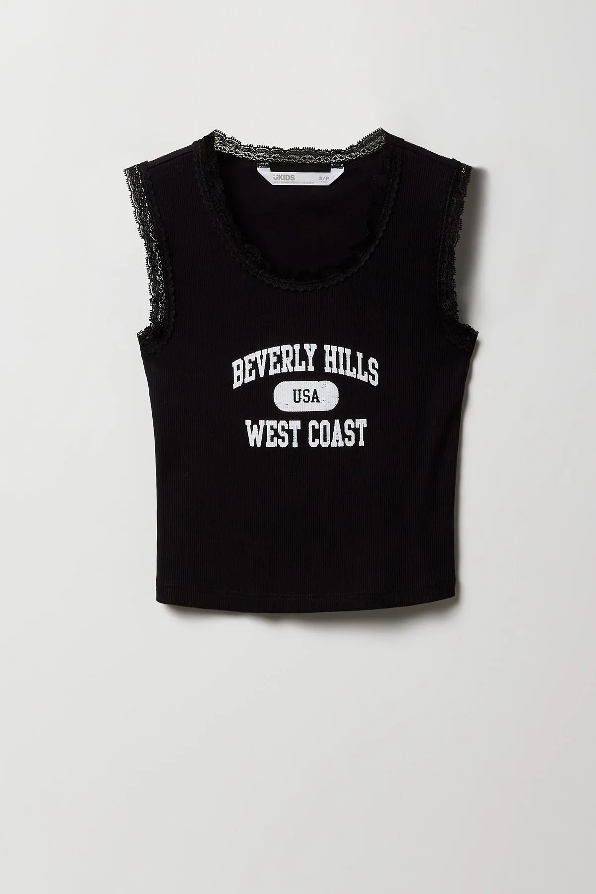 Girls City Graphic Ribbed Lace Trim Tank sold by Urban Planet
