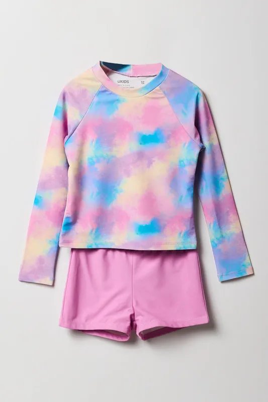 Girls Printed Long Sleeve Top & Short 2 Piece Swimsuit Set made by Urban Planet