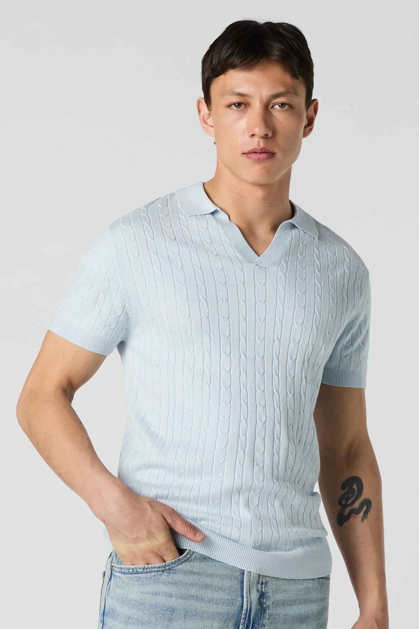 Cable Knit Collared V-neck Top sold by Urban Planet