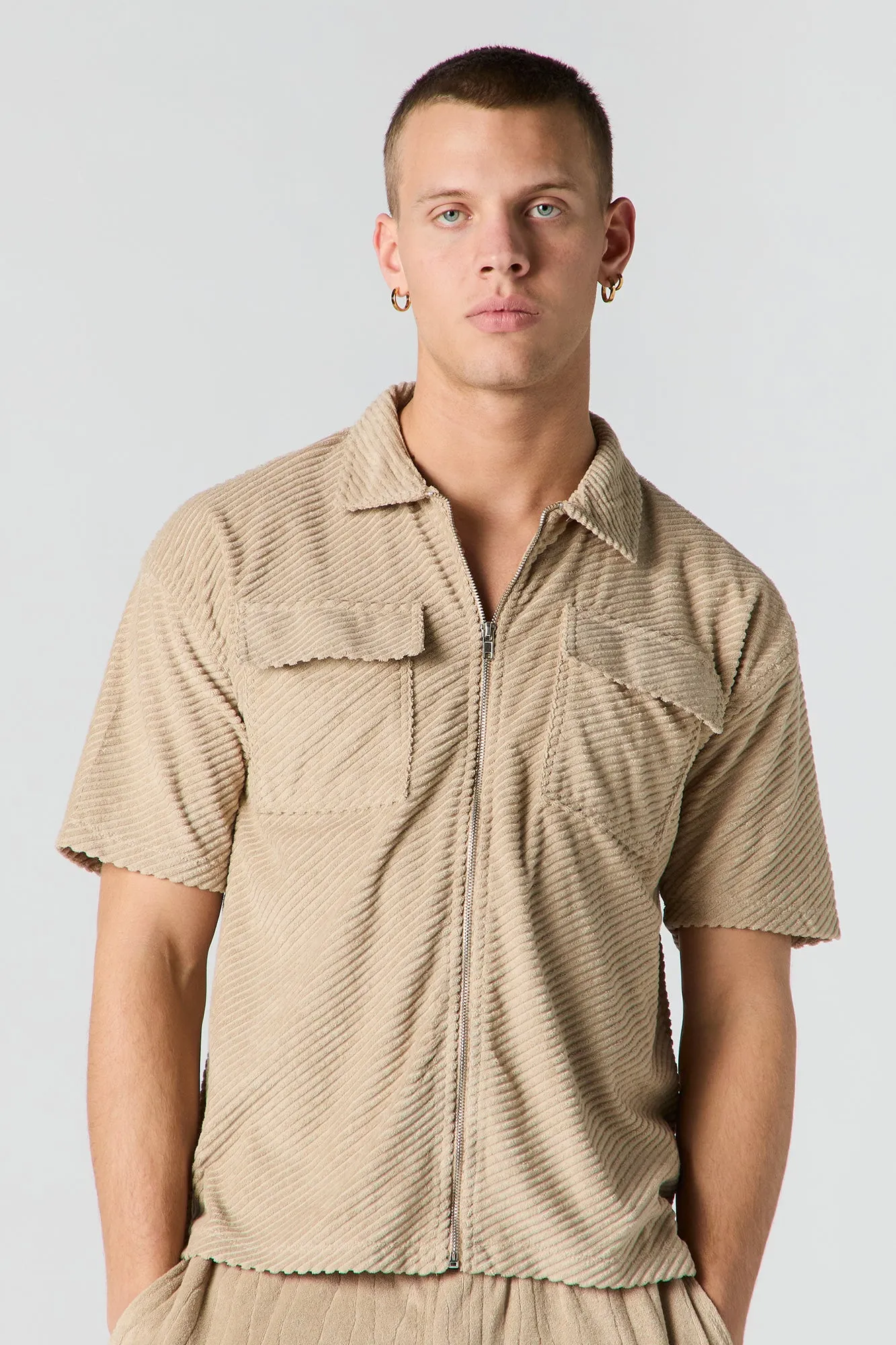 Ribbed Knit Zip-Up Short Sleeve Top sold by Urban Planet