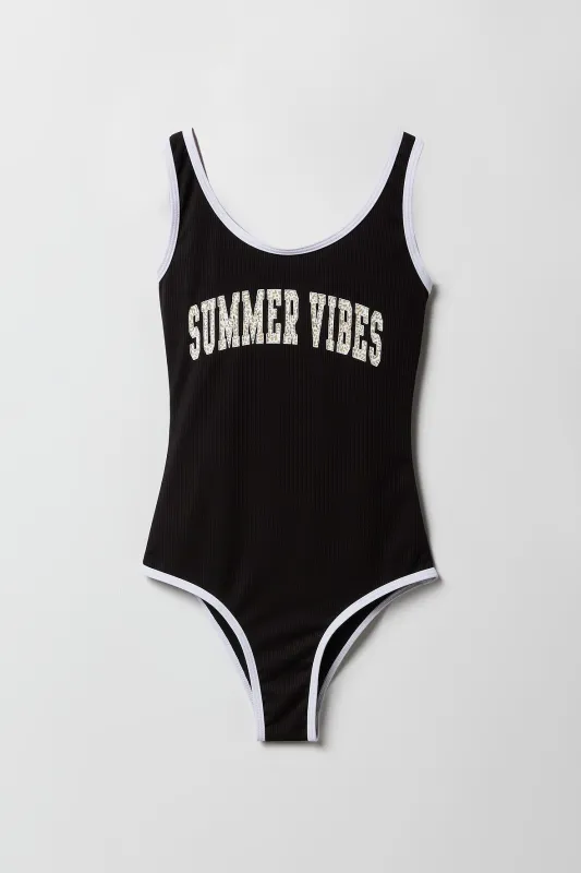 Girls Graphic Ribbed One Piece Swimsuit sold by Urban Planet