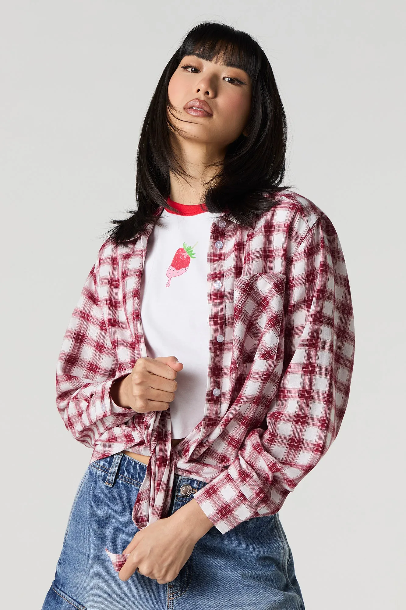 Plaid Long Sleeve Button-Up Top sold by Urban Planet