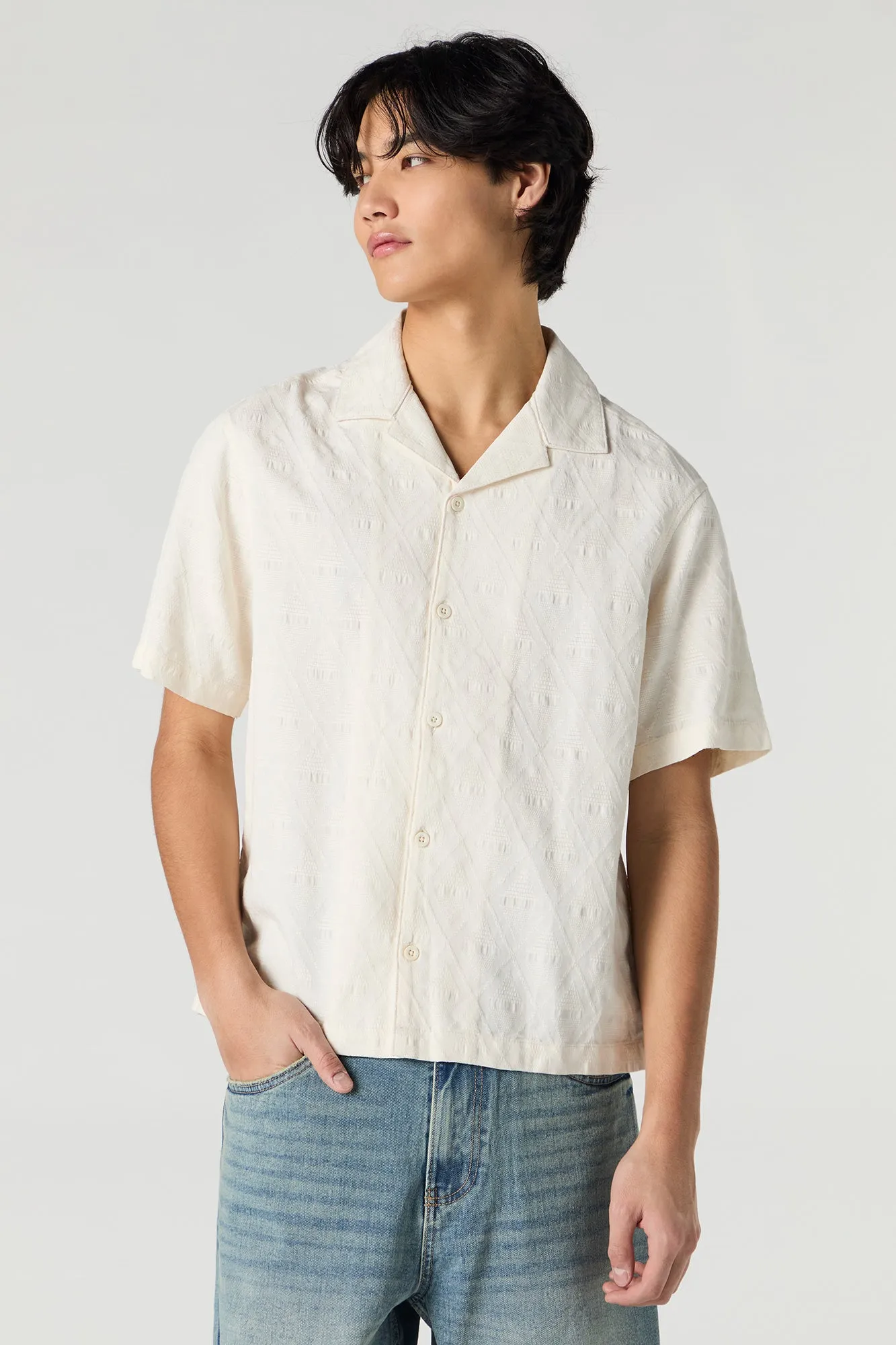 Diamond Textured Button-Up Top sold by Urban Planet