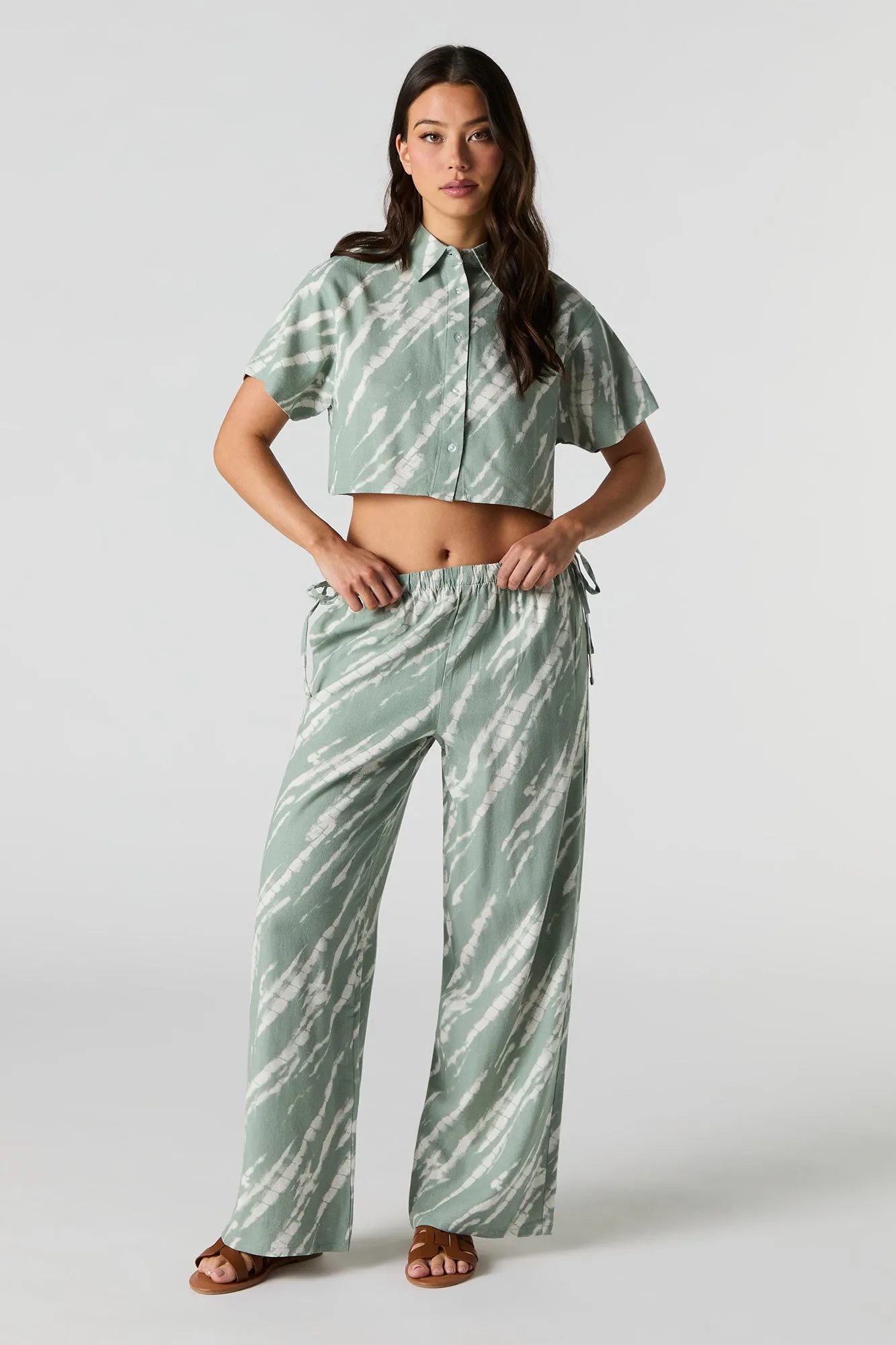 Linen-Blend Drawstring Side Wide Leg Pant sold by Urban Planet