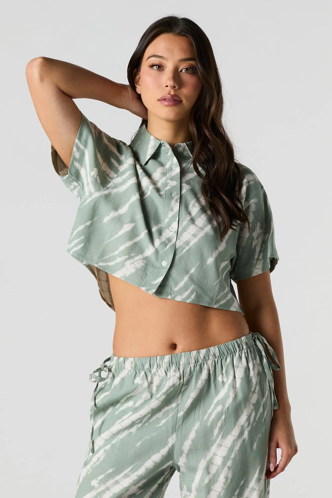 Linen-Blend Cropped Button-Up Short Sleeve Top sold by Urban Planet product image thumbnail 5