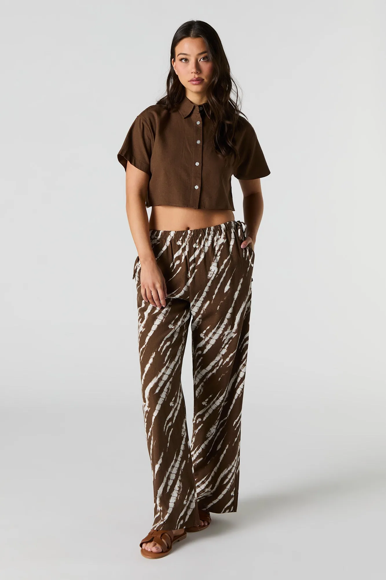 Linen-Blend Cropped Button-Up Short Sleeve Top sold by Urban Planet product image thumbnail 3