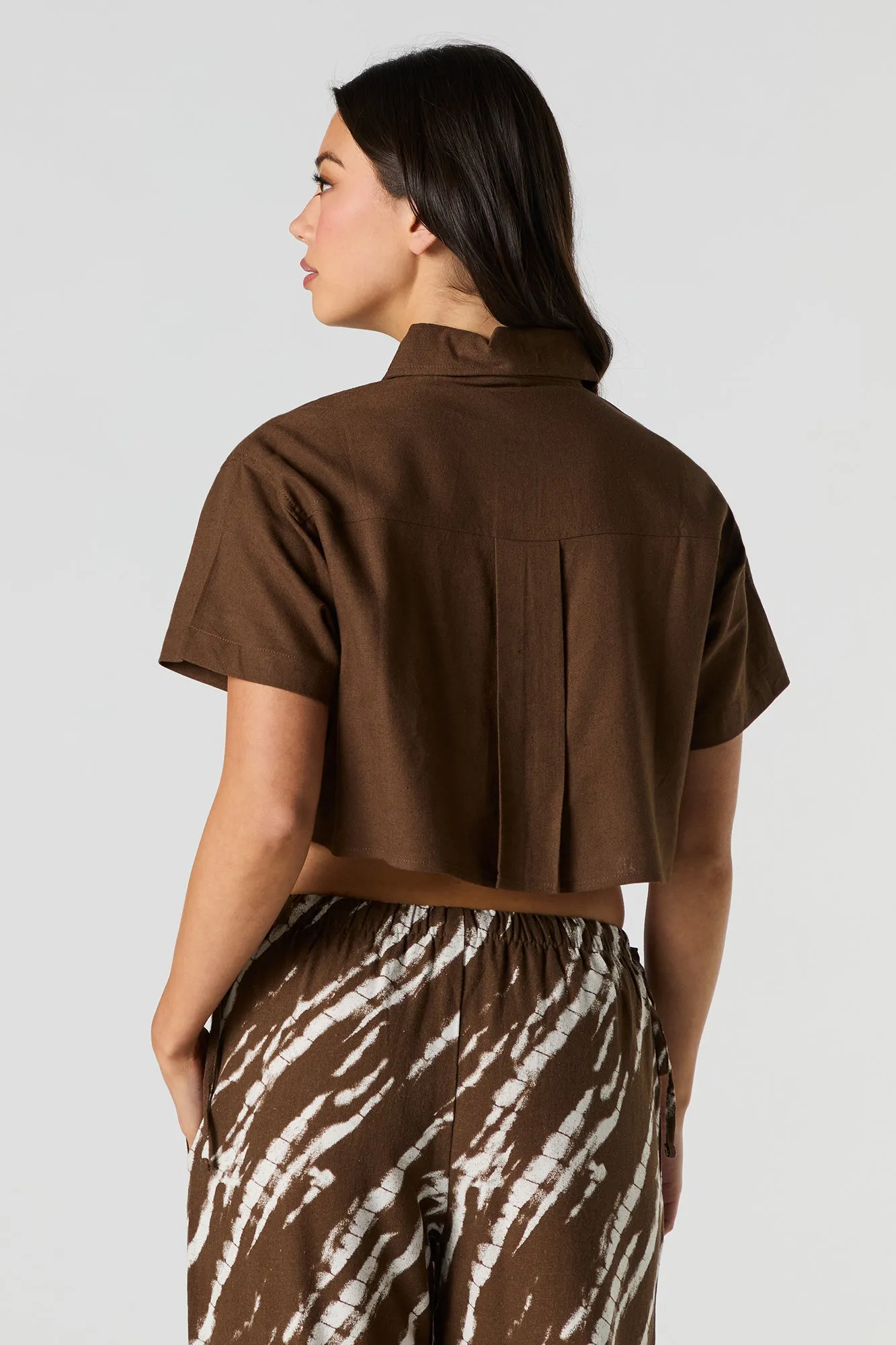Linen-Blend Cropped Button-Up Short Sleeve Top sold by Urban Planet product image thumbnail 2