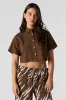 Linen-Blend Cropped Button-Up Short Sleeve Top sold by Urban Planet