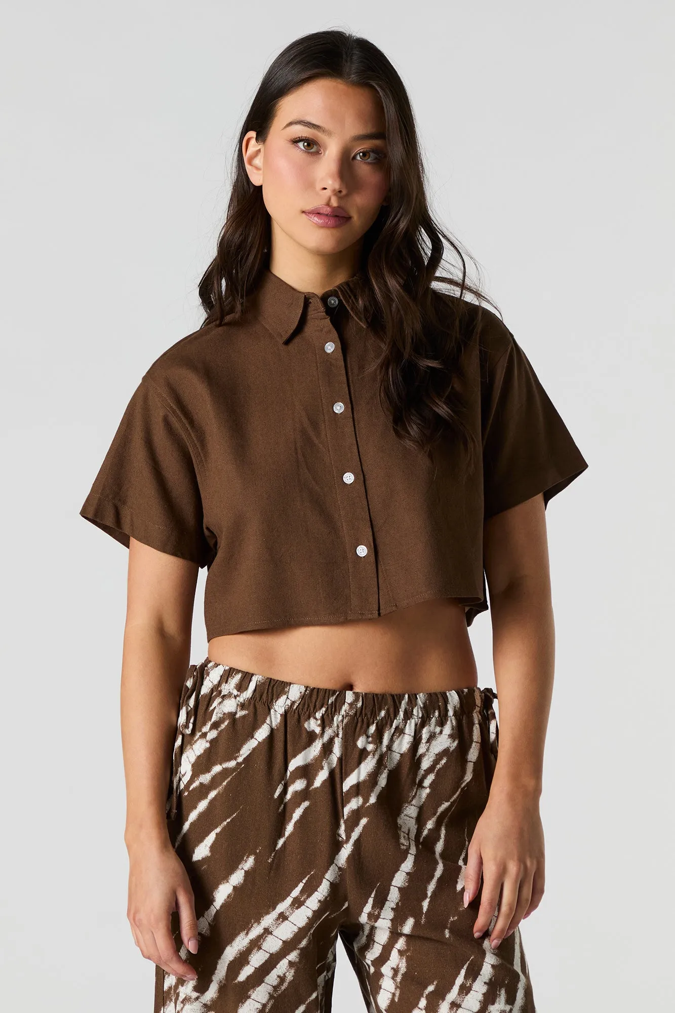 Linen-Blend Cropped Button-Up Short Sleeve Top sold by Urban Planet product image thumbnail 4