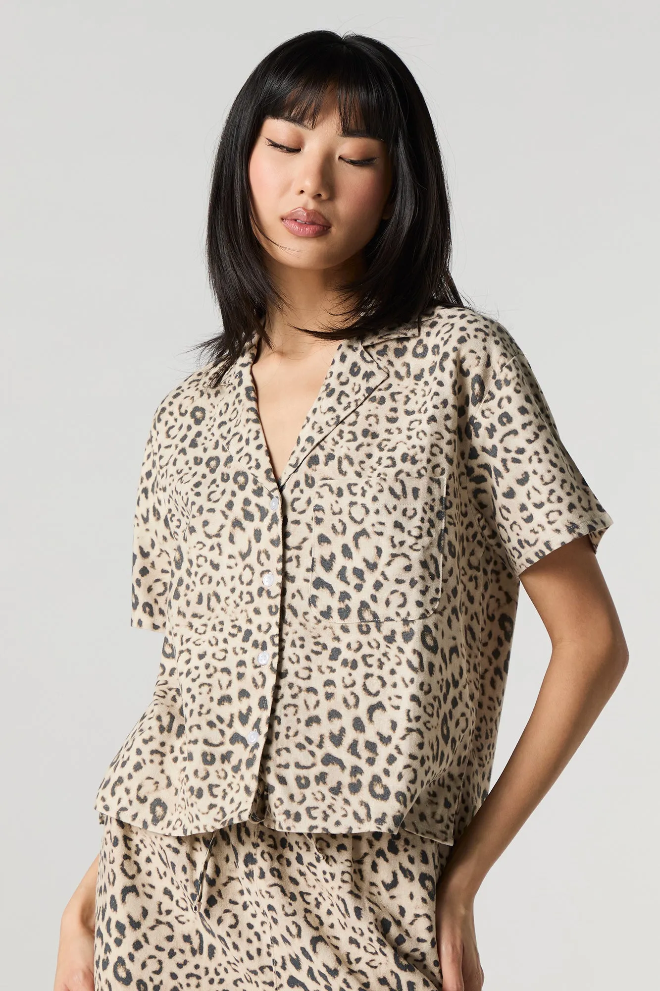 Linen-Blend Short Sleeve Button-Up Top sold by Urban Planet