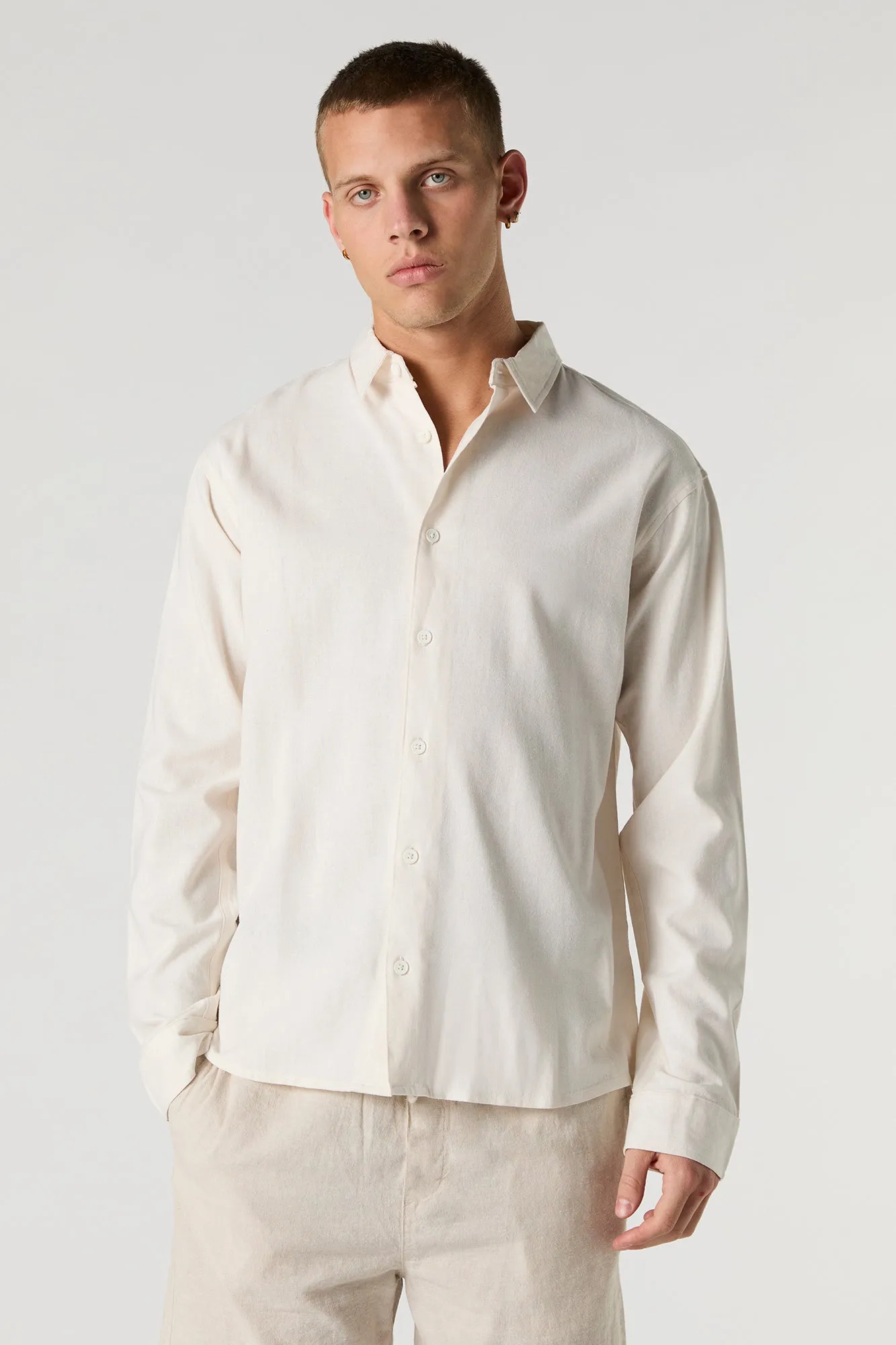Linen-Blend Button-Up Long Sleeve Top sold by Urban Planet