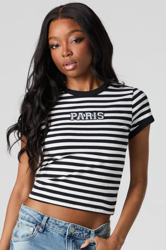 T-shirt ultracourt rayé avec motif brodé sold by Urban Planet