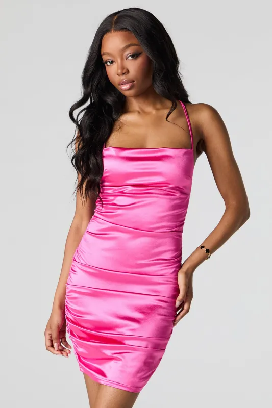 Satin Ruched Open Back Mini Dress sold by Urban Planet