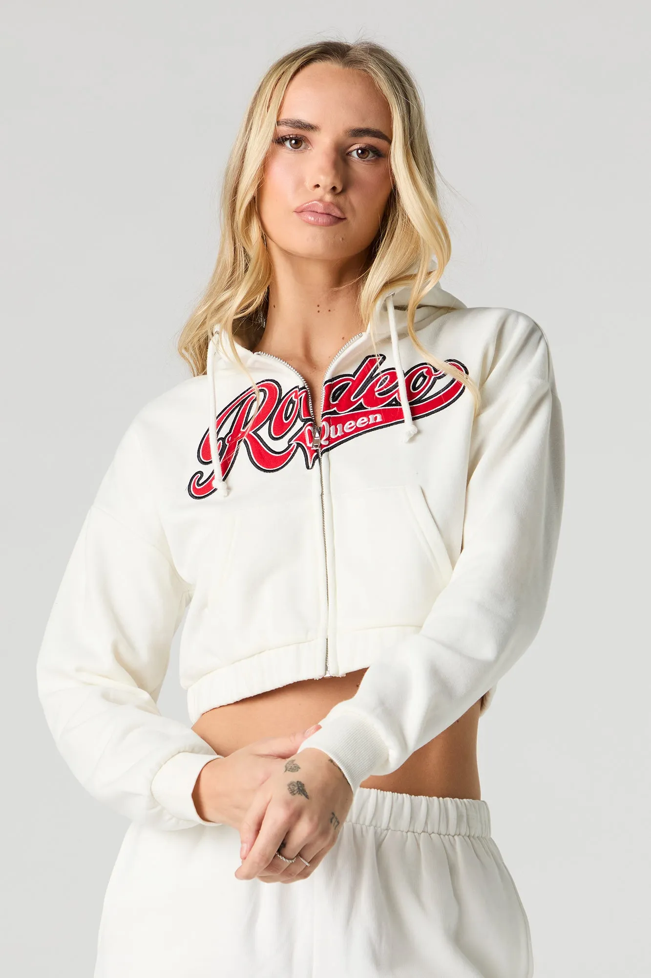 Embroidered Cropped Fleece Zip-Up Hoodie sold by Urban Planet