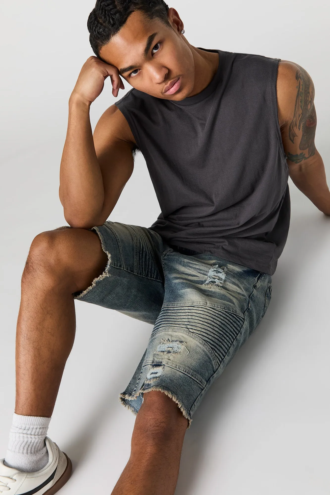 Distressed Moto Denim Short sold by Urban Planet