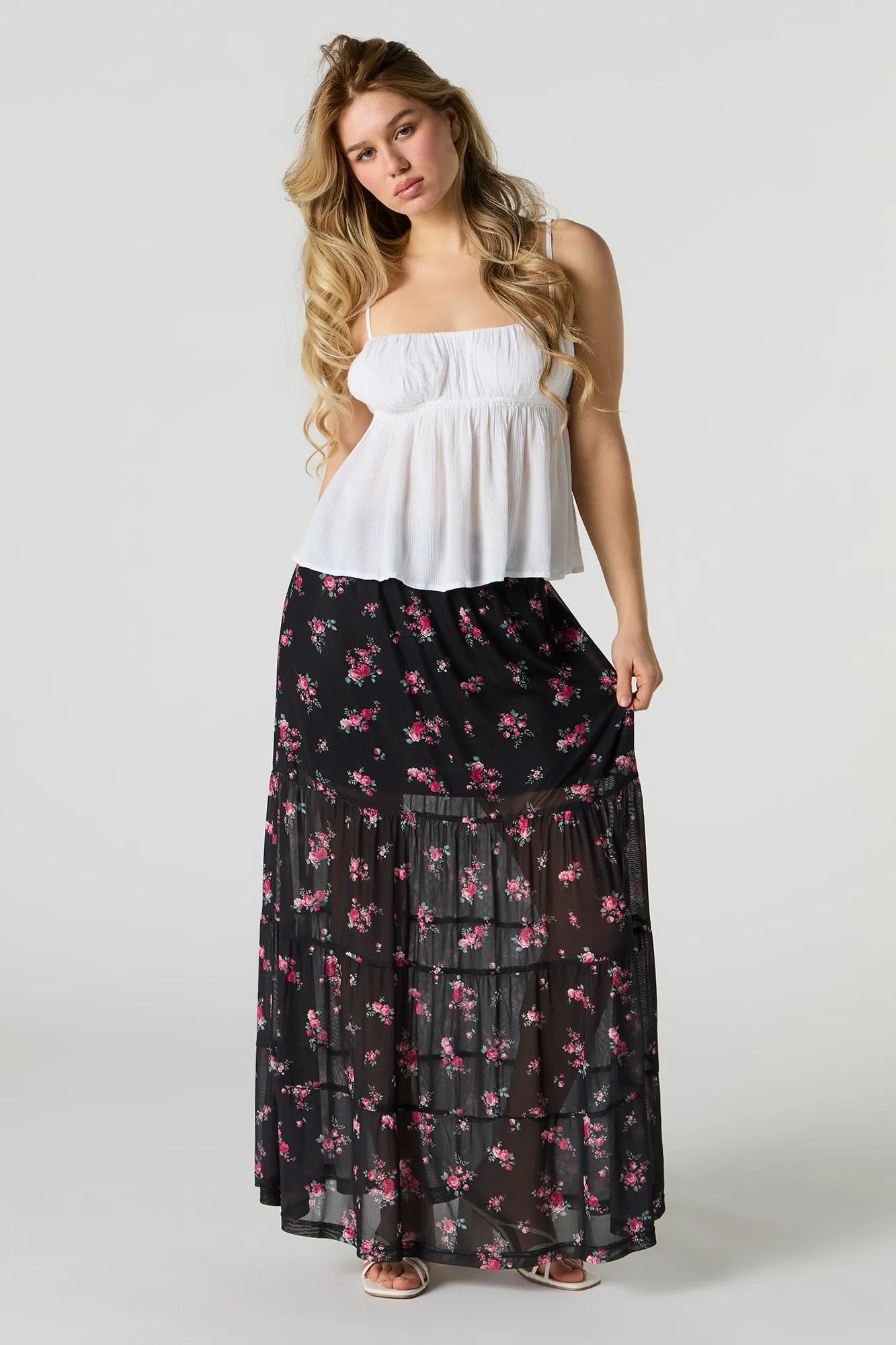 Floral Mesh Tiered Maxi Skirt sold by Urban Planet product image thumbnail 4