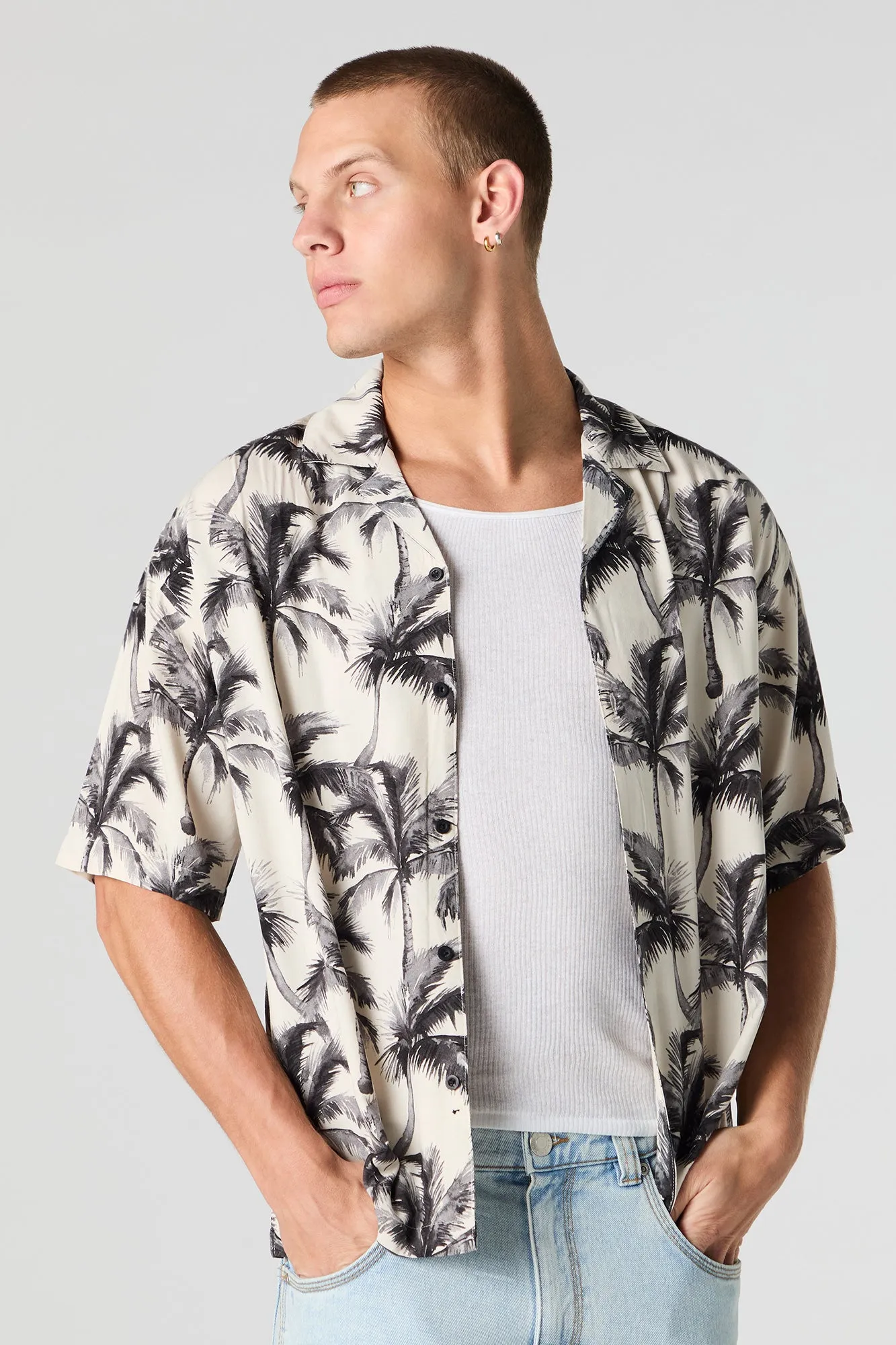 Tropical Print Short Sleeve Button-Up Top sold by Urban Planet