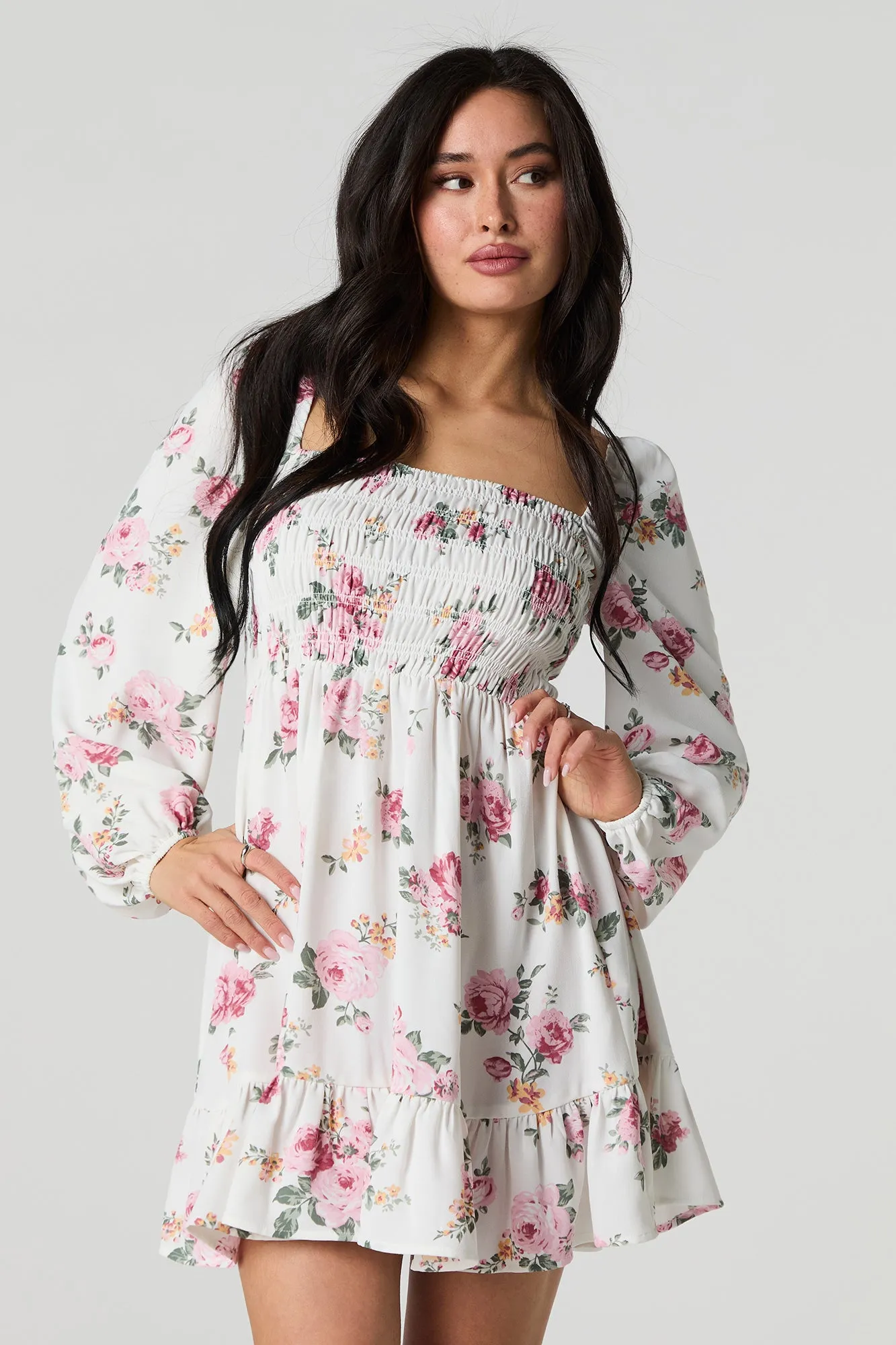 Floral Printed Smocked Ruched Mini Dress sold by Urban Planet