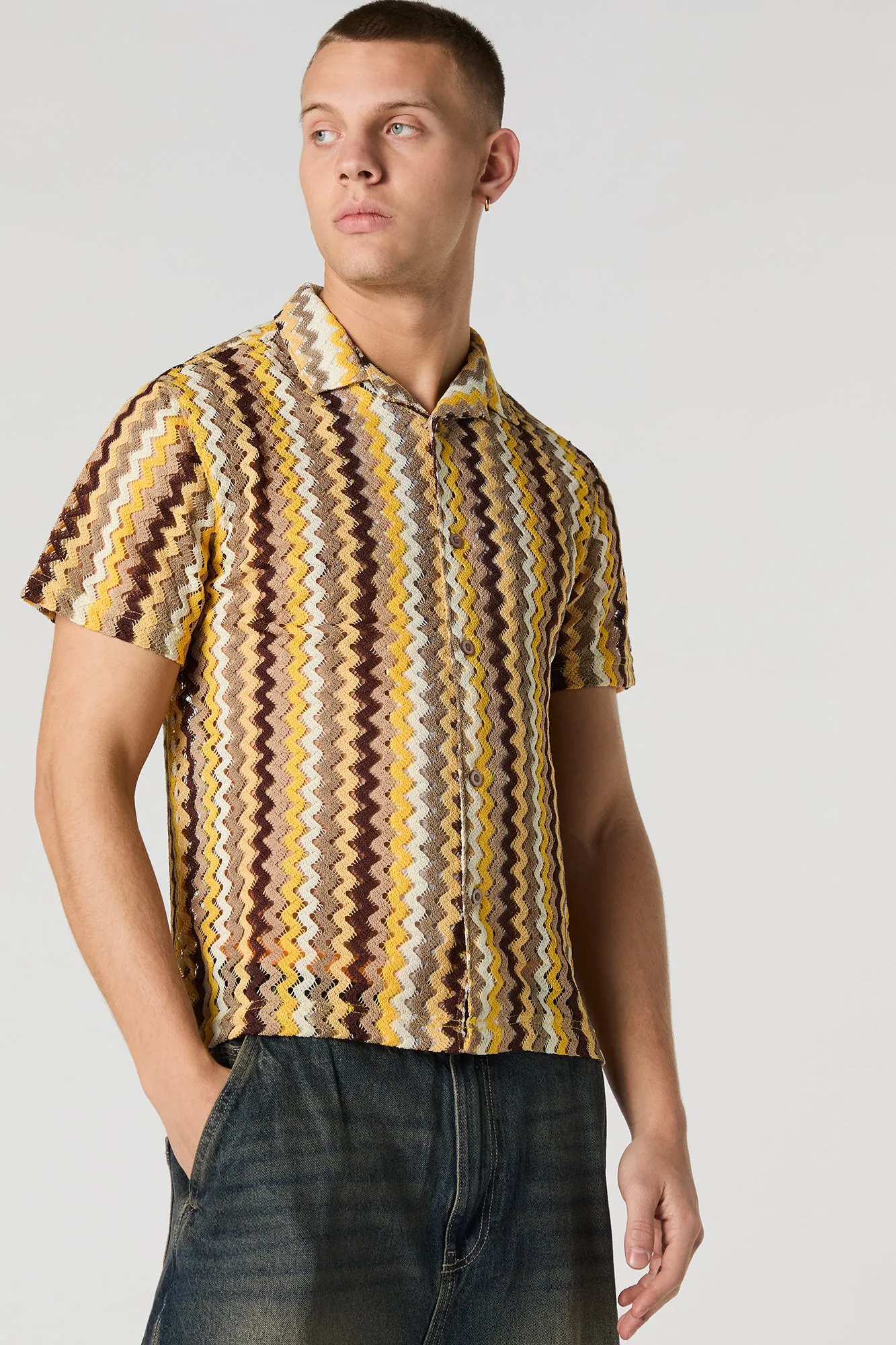 Zig-Zag Crochet Button-Up Top sold by Urban Planet